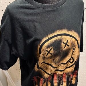 Black Graphic Tee with Gold Bleach Smiley
